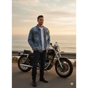 AFFLICTION Denim Trucker Jacket Men 3XL Distressed AC Motorcycle Club Indians